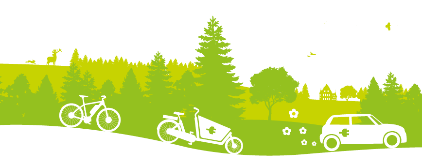 Logo des Vereins - Fahrrad, Lastenrad und Auto vor Wald, mit dem Schloss im Hintergrund